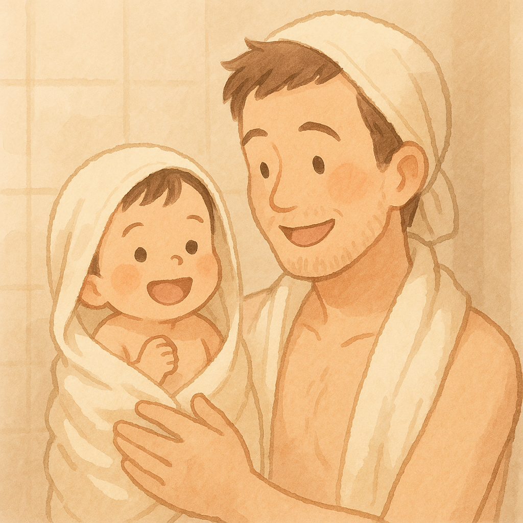 お風呂上がりの赤ちゃんとパパ