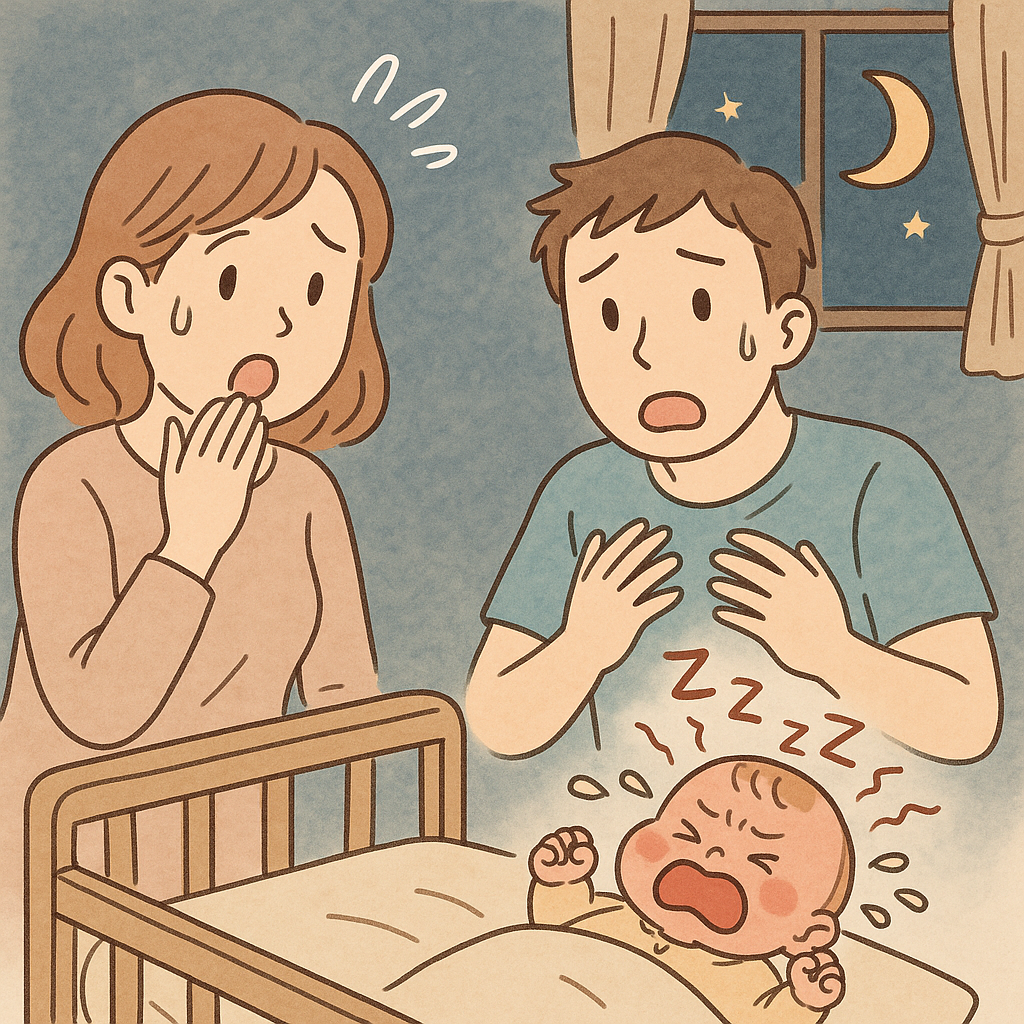 泣いている赤ちゃんとママとパパ