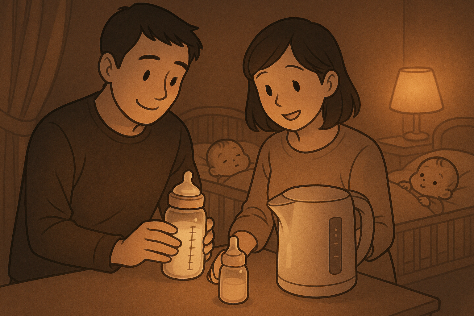 夜中にミルクを作っているママとパパ