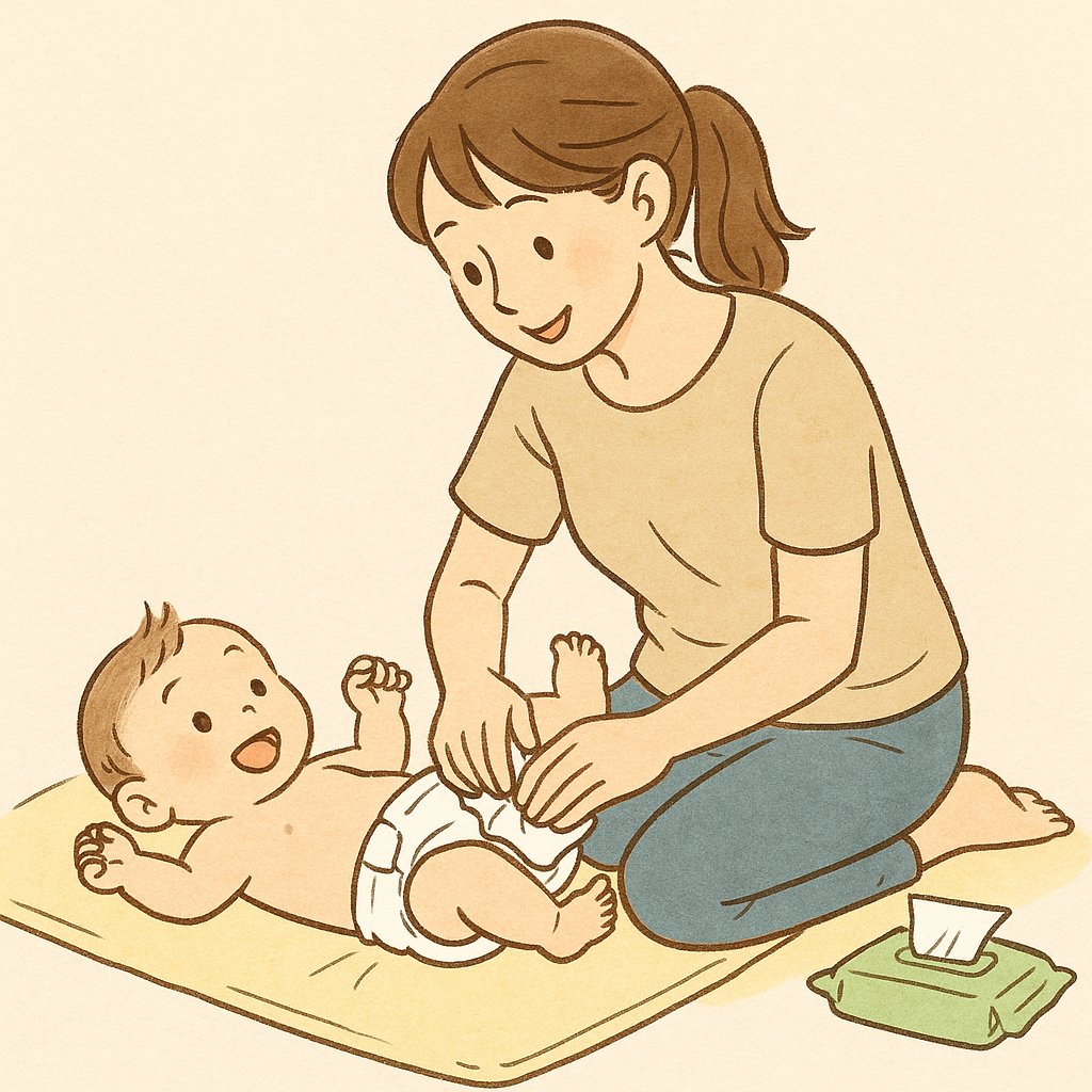 赤ちゃんのおむつを変えているママ