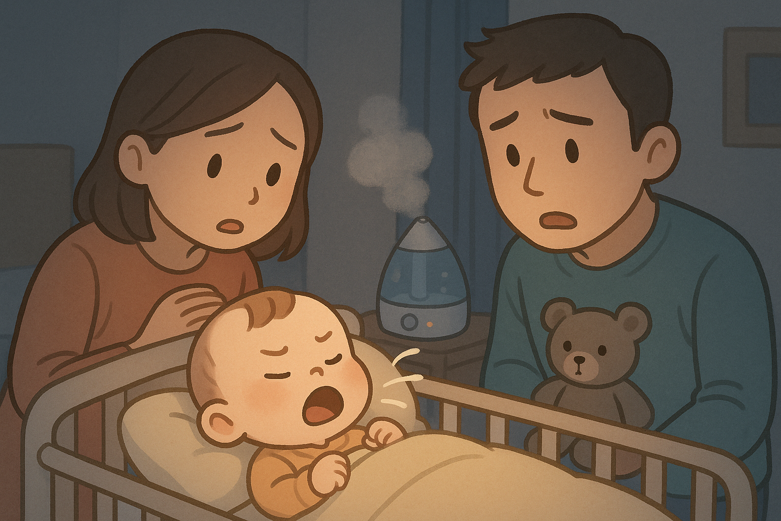 咳をする赤ちゃんを見守るママとパパ