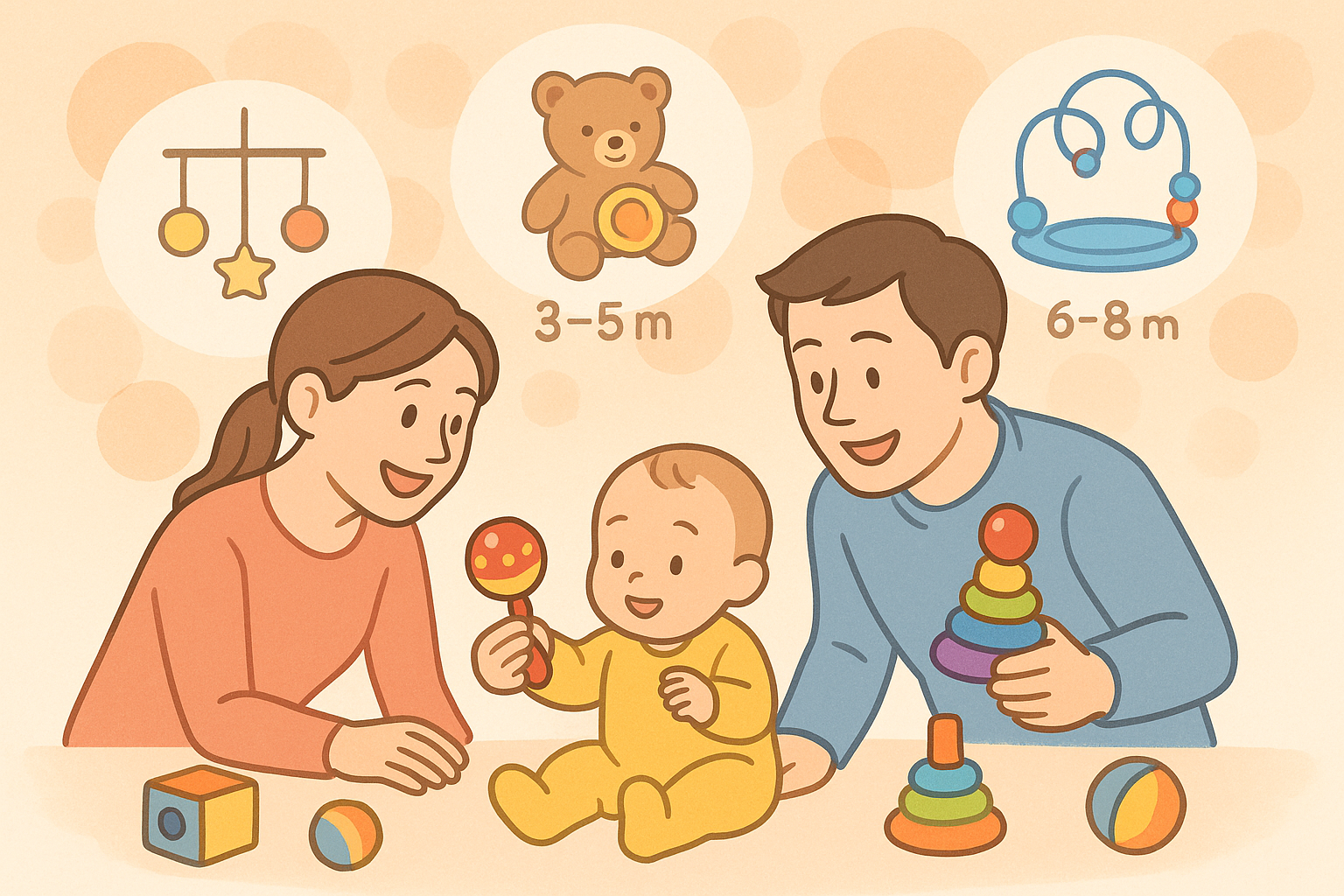 おもちゃで遊ぶ赤ちゃんとママとパパ